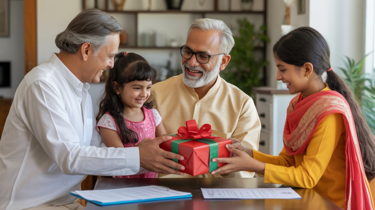 Infographic showing rules, documentation steps, and exemptions related to gift tax in India