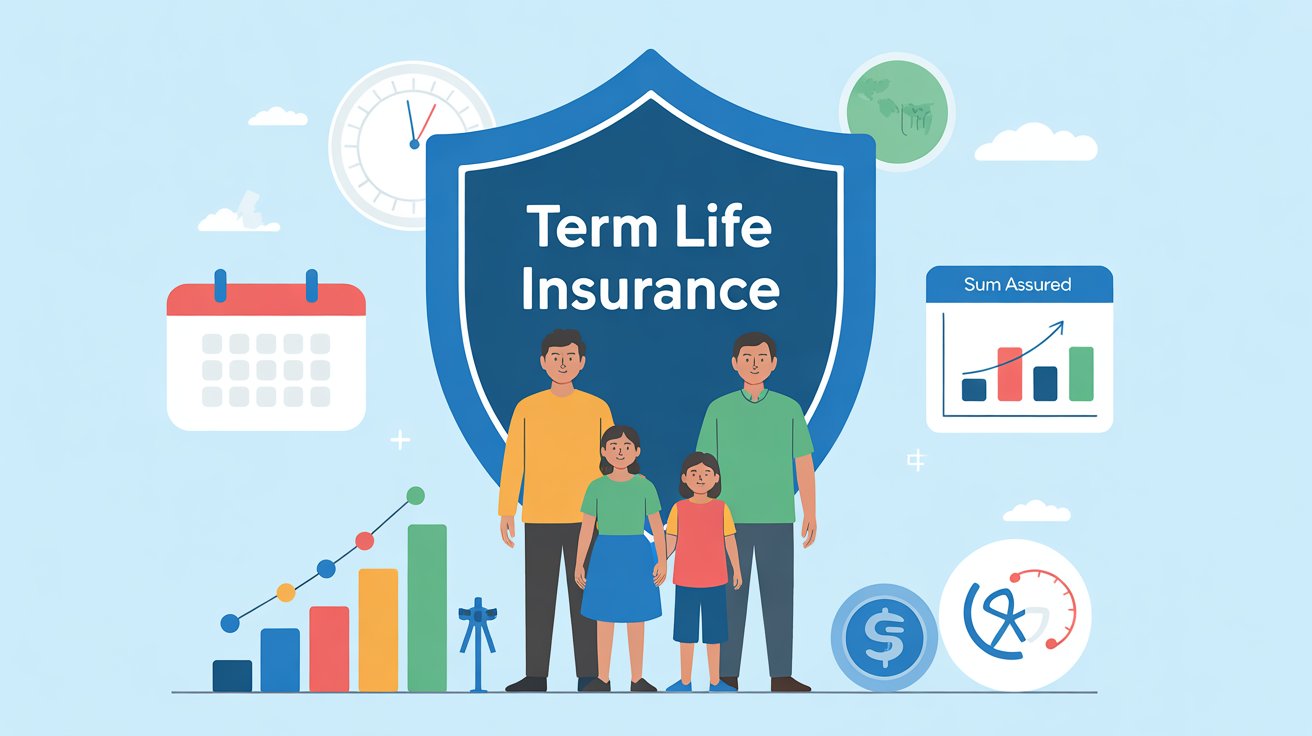 A family holding hands beneath a large shield with the words term life insurance, calendar showing policy years, and currency icons representing sum assured.
