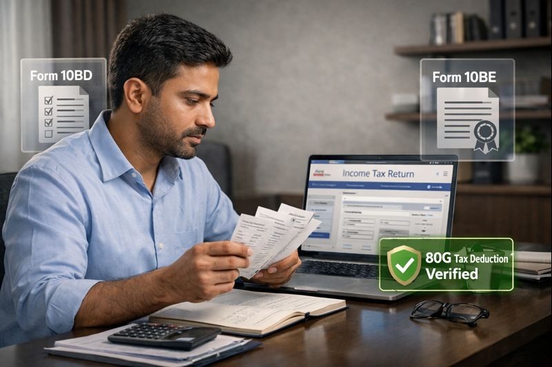 Indian taxpayer reviewing donation receipts and ITR filing details for 80G tax deduction compliance