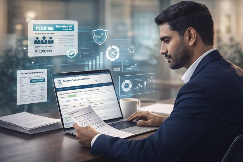 Professional Indian taxpayer reviewing compliance documents on a laptop after the CBDT bogus deduction warning, symbolizing clarity, compliance, and future financial security.