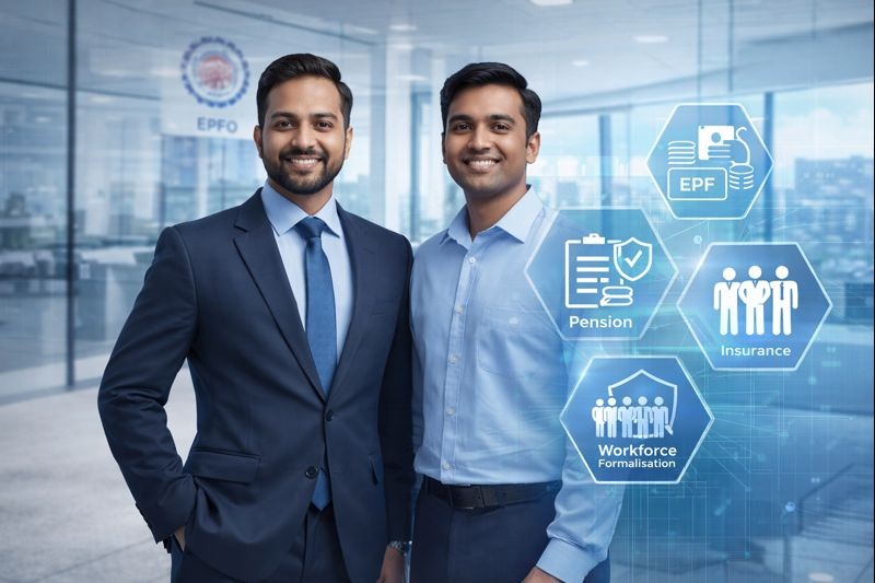 Photo-realistic illustration of a confident Indian employer and employee standing together in a modern office, with digital EPFO compliance icons for EPF, pension, insurance, and workforce formalisation, symbolising trust, future security, and the Employees’ Enrolment Scheme 2025.